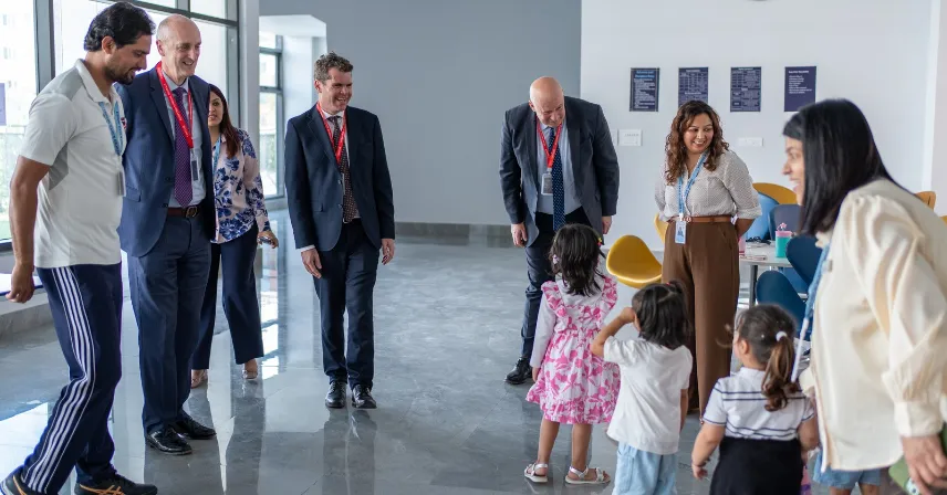Bedford School UK leaders and Bedford School Mohali faculty interacting with pupils during a school visit.
